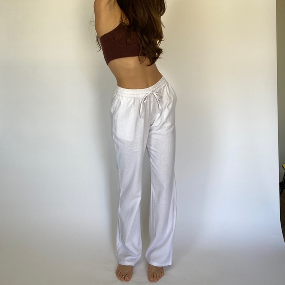 White Linen Blend Pants - Picture 1 of 4